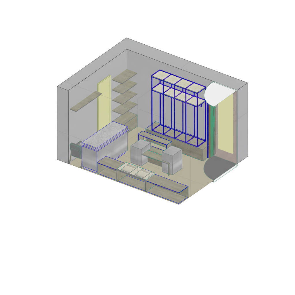 VEDI + VICI retail-fixture axonometry