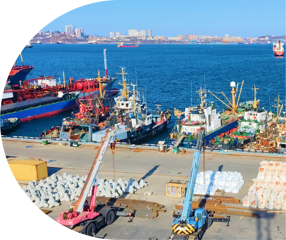 морской порт, суда, причал с погрузчиками