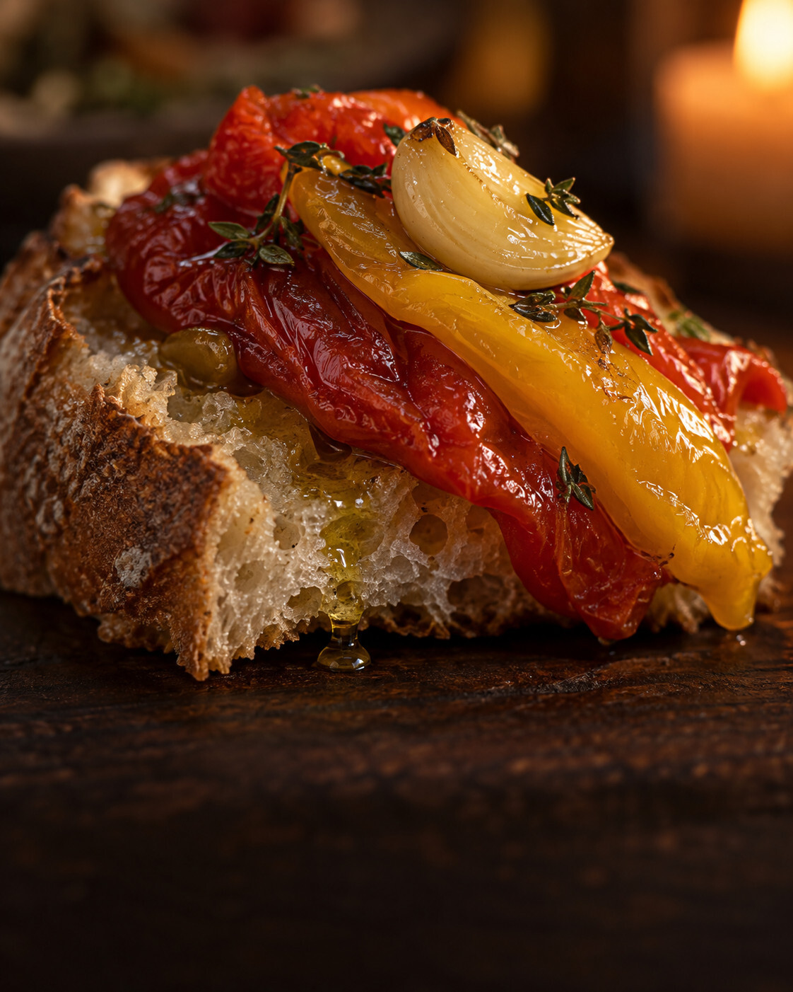 Close-up of silky red and yellow confit pepper strips and a soft garlic clove on a piece of crusty bread