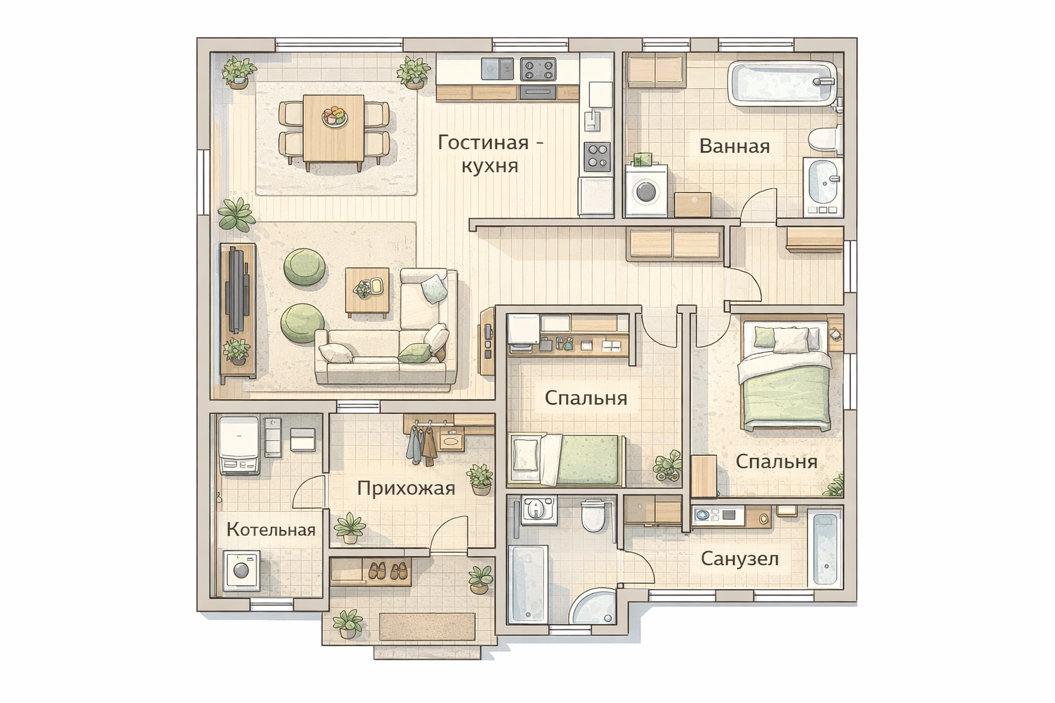 Планировка одноэтажного частного дома — зонирование кухни, гостиной, спален и санузлов