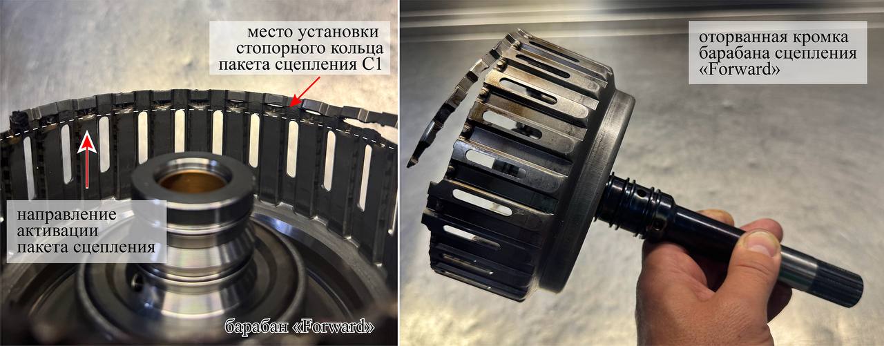 Место установки стопорного кольца пакета сцепления C1 в барабане «Forward» и оторванная кромка барабана сцепления после поломки АКПП
