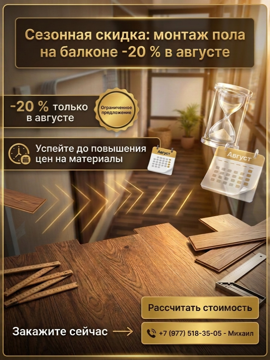 Сезонная скидка 20 процентов на монтаж пола на балконе