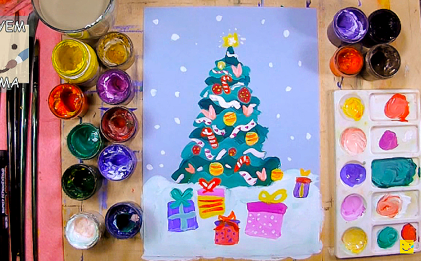 Рисуем новогоднюю открытку (двух белок с новогодним шариком)
