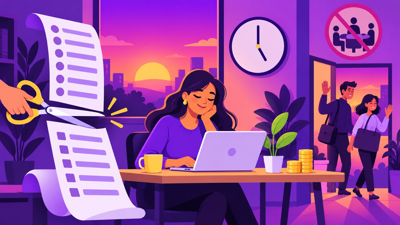 Rework summary illustration: a calm woman founder at her laptop at five o'clock, scissors cutting a long feature list in half, coins and a plant on the desk and her small team leaving on time