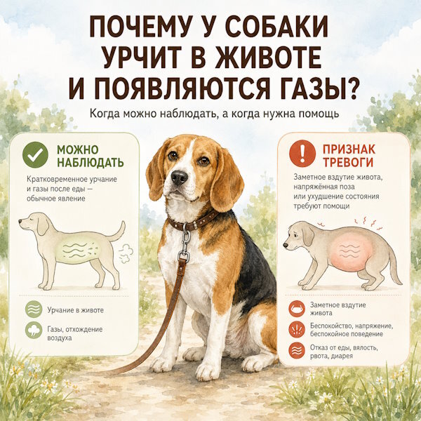 Бигль на прогулке и схема: когда урчание в животе и газы у собаки можно наблюдать а когда вздутие требует помощи