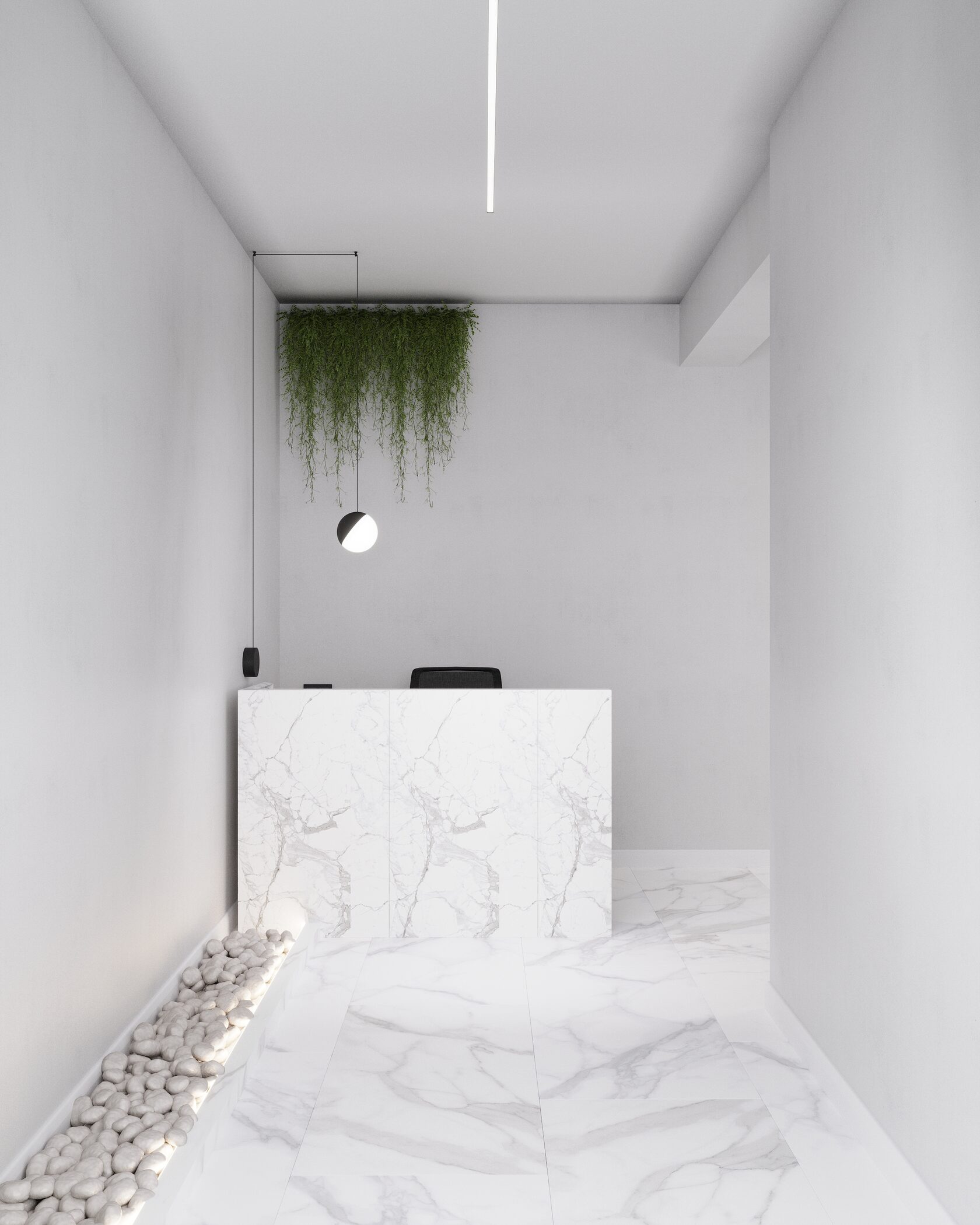 зона ресепшн в офисе с мраморной плиткой и ресепшеном с инсталляцией из мраморной крошки из камней