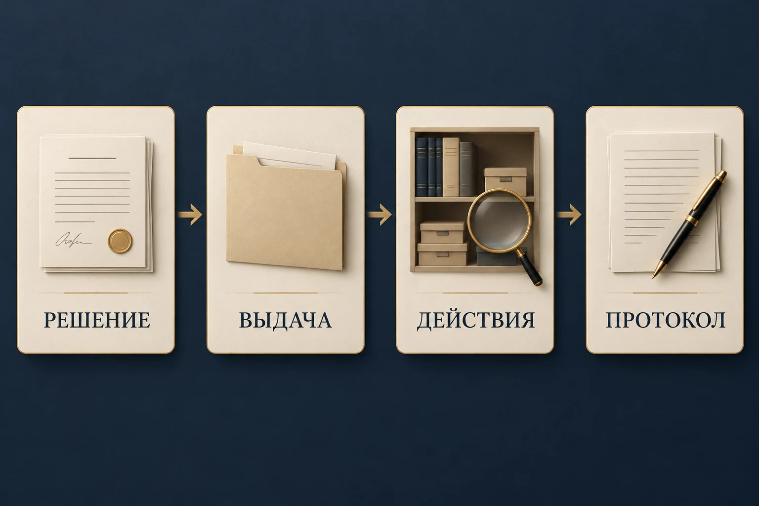 Концептуальная последовательность действий при обыске: предъявление решения, предложение выдать предметы, проведение действий и протокол