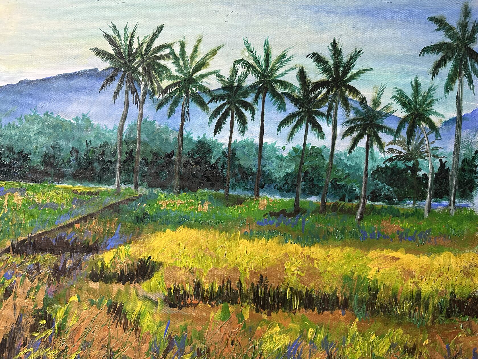 Java Sunrise — acrylic painting, a row of coconut palms over a sunlit rice field with mountains beyond
