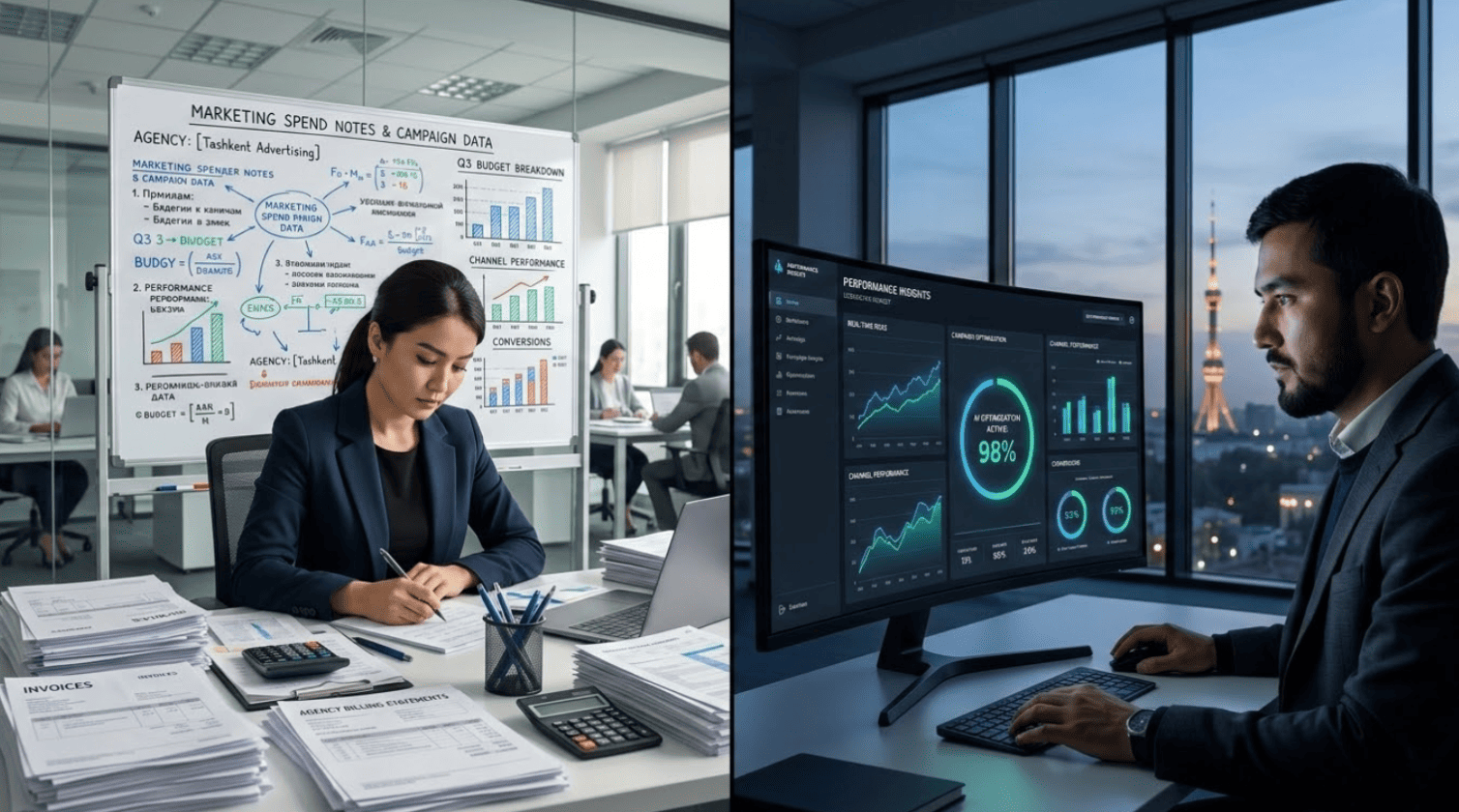 A visual comparison of media buying agency overhead costs versus an AI media buying software dashboard showing real-time optimization, set in a Tashkent enterprise office.