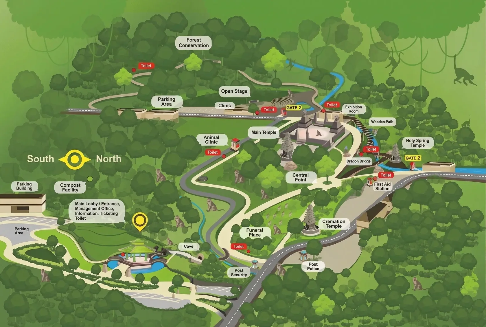 An illustrated visitor map showing the walking pathways, facilities, and three sacred temple locations to help you easily navigate Monkey Forest Ubud.