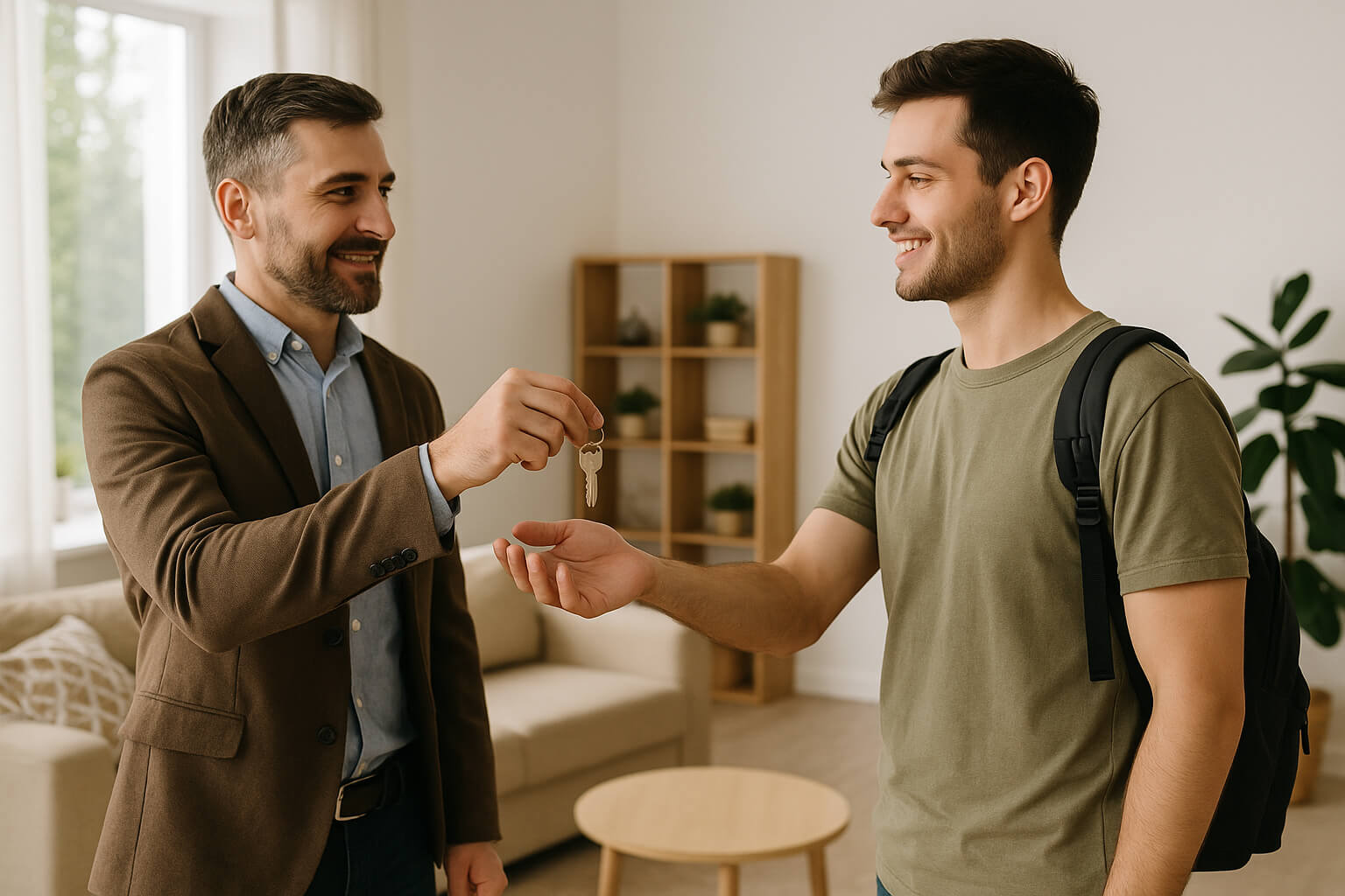 Арендодатель вручает ключи от квартиры новому жильцу на фоне светлого интерьера