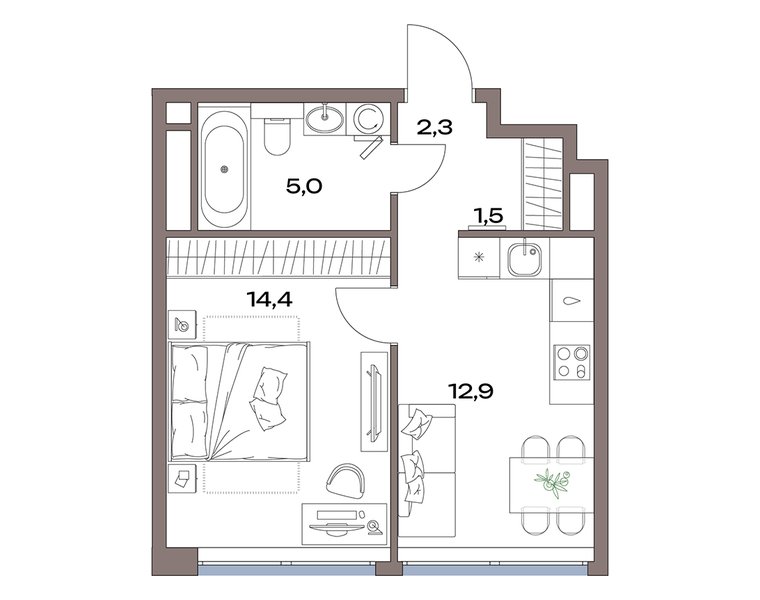 Планировка: 1-комнатная 37,2 м² в ЖК «Акценты», корпус 15, 10-й этаж