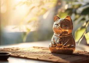Золотая статуэтка кота Манэки на фоне солнечного света и зелени, символизирующая фэншуй для улучшения жизни