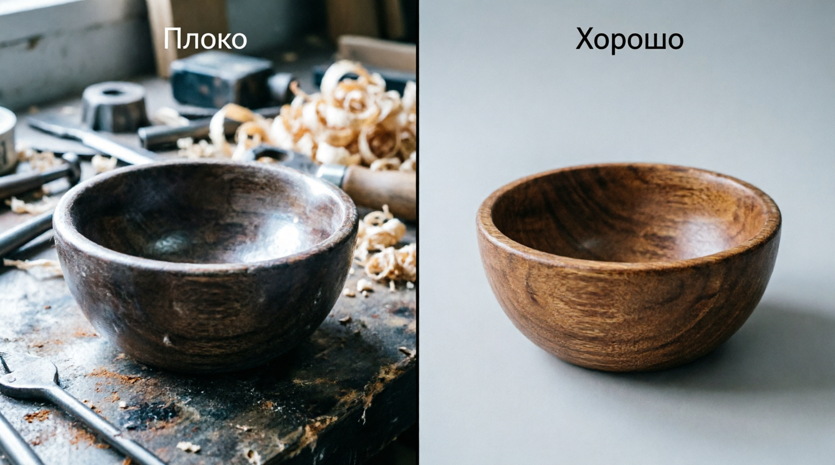 Сравнение плохого и хорошего фото деревянной работы. Пример, как правильный свет и фон меняют восприятие изделия. Иллюстрация к статье о продающей фотосъёмке для мастеров.