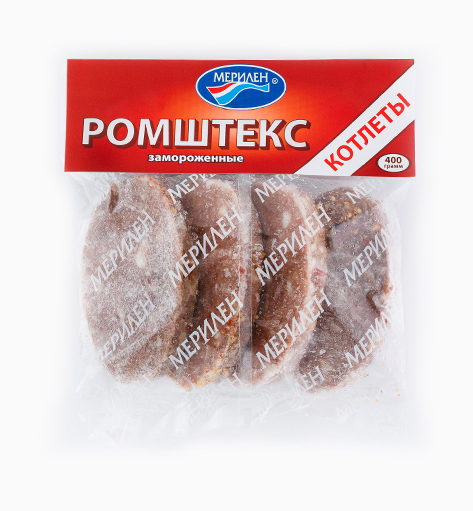 Котлеты «Ромштекс» от производителя Мерилен — замороженные полуфабрикаты из говядины и свинины. Упаковка: 400 гр.
