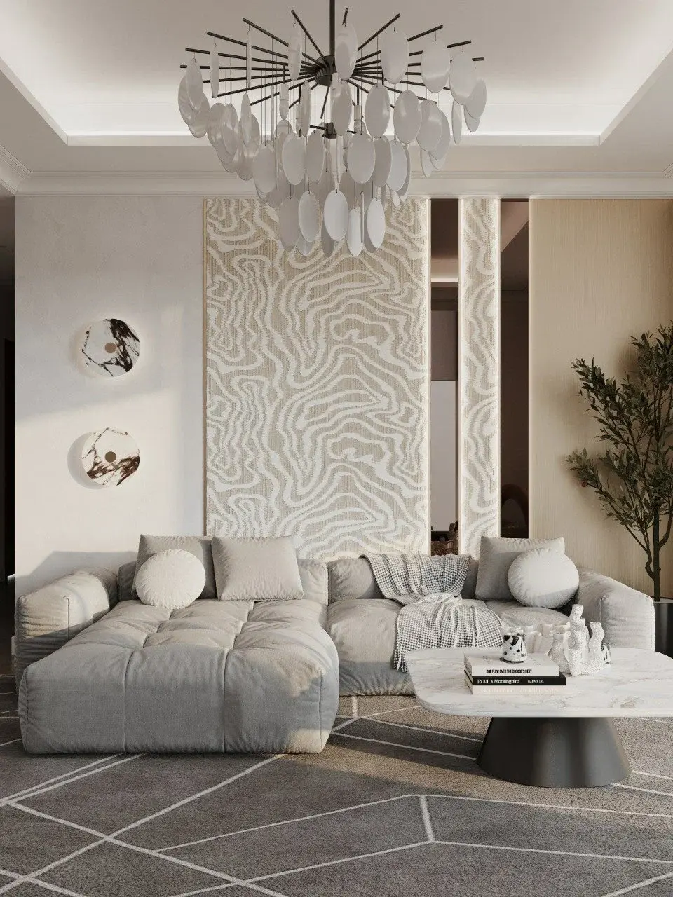 Визуализация DOMA: гостиная в Palace Beach Residences с люстрой и фактурными панелями