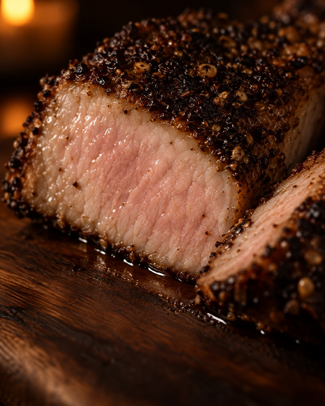 Close-up of a sliced coffee-crusted pork chop with a pale pink center