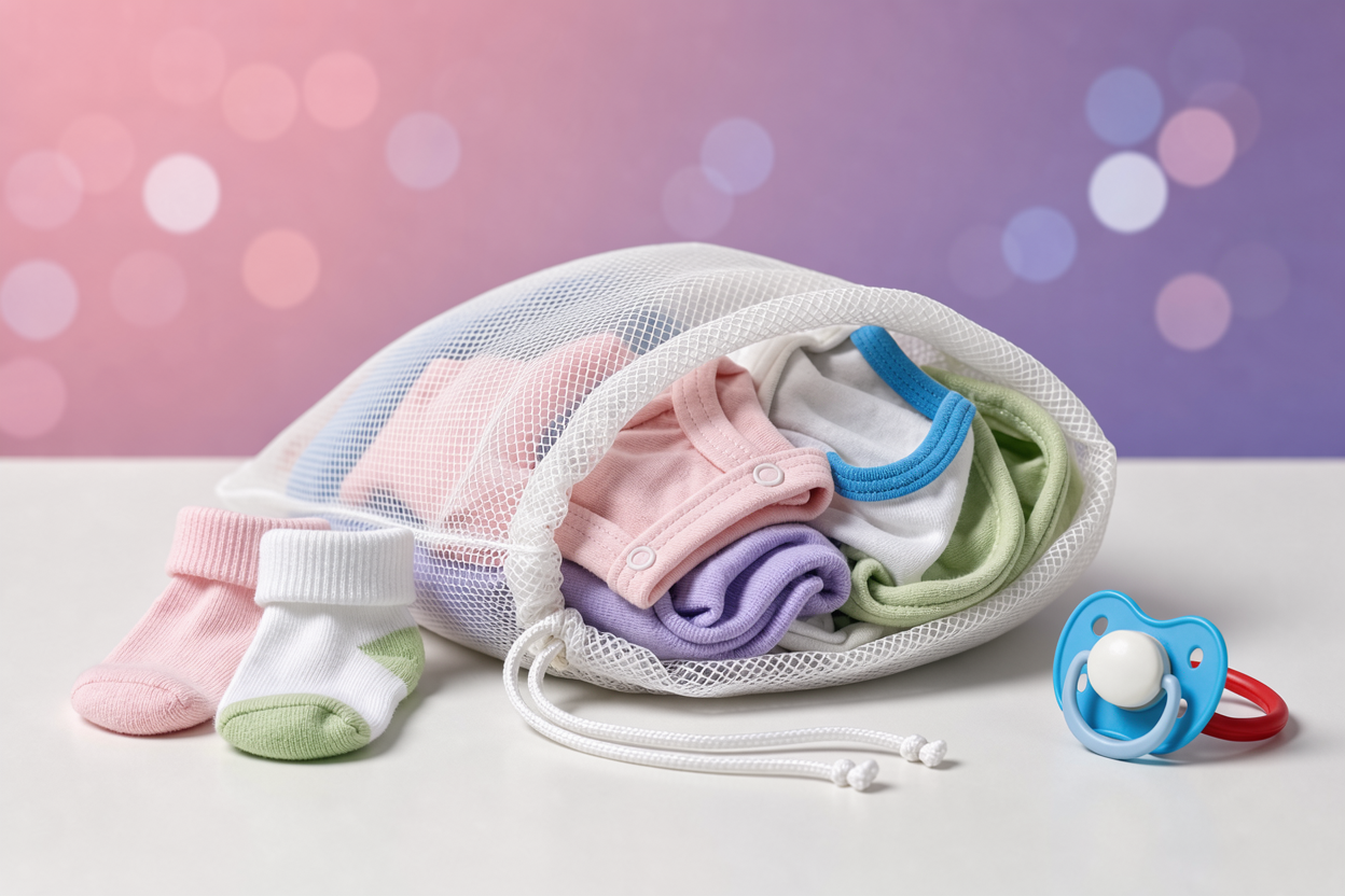 Close-up of small pastel baby garments in a mesh laundry bag ready for washing, tiny socks and a pacifier beside them