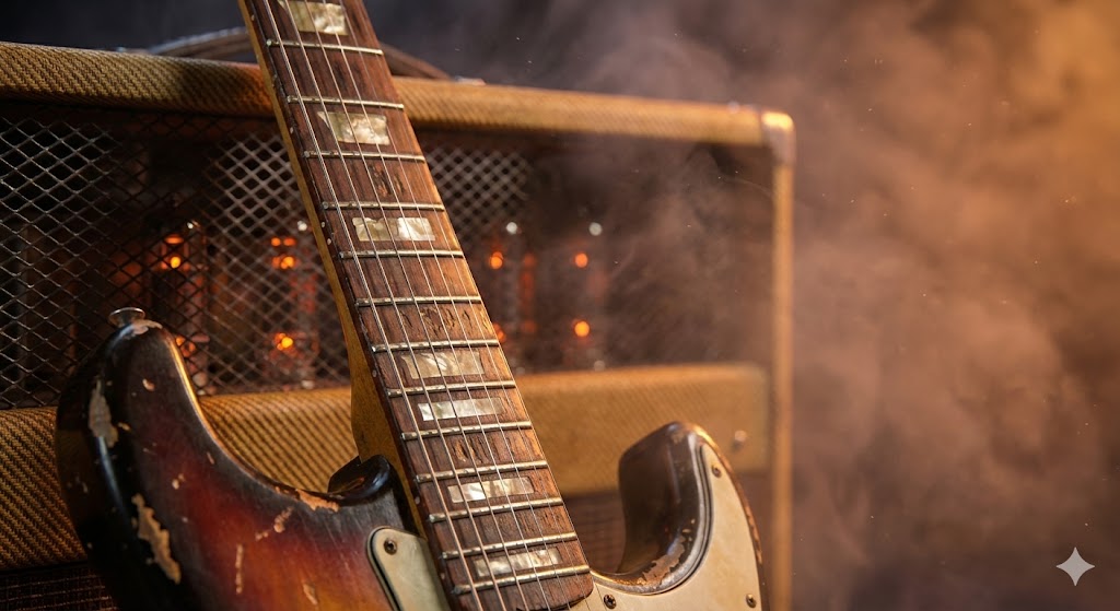 Винтажная электрогитара на фоне лампового усилителя в сценическом свете