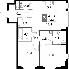 3-комн 73,7 м²