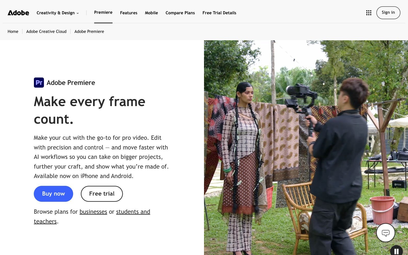 Screenshot of the Adobe Premiere product page with the headline Make every frame count., Buy now and Free trial buttons and a photo of a videographer filming outdoors