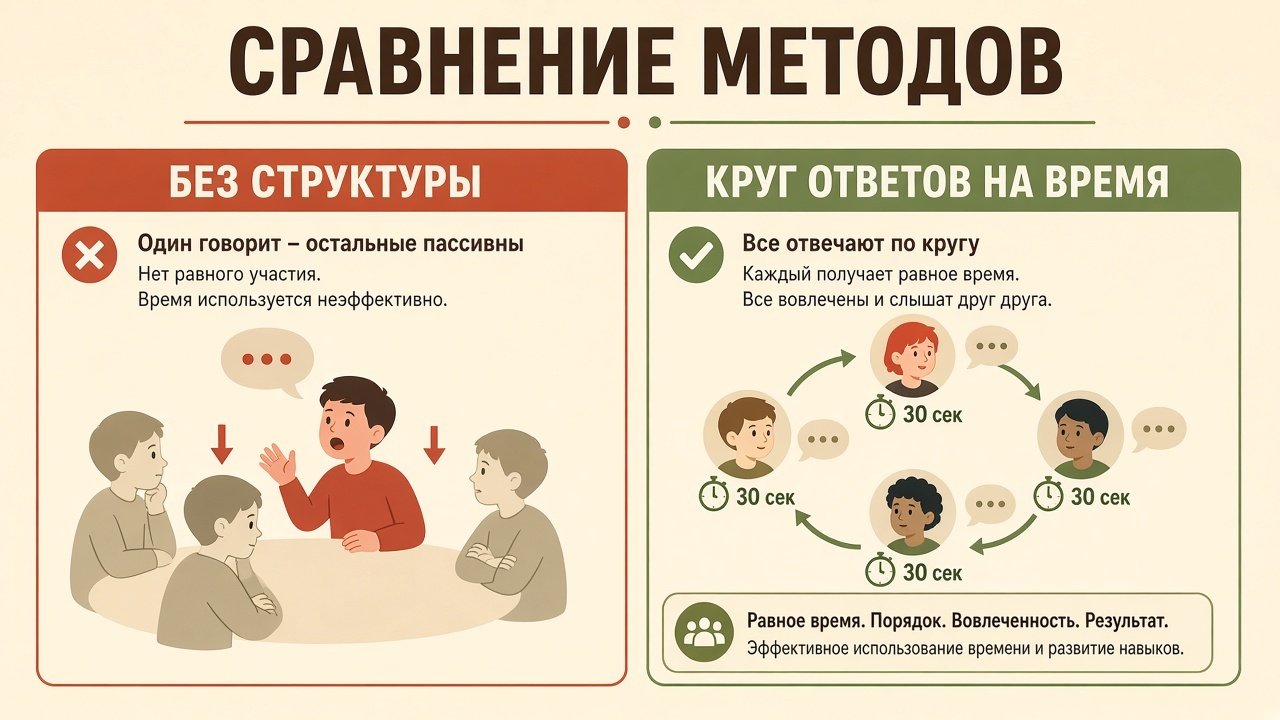 Сравнение: свободное обсуждение и структурированный круг ответов