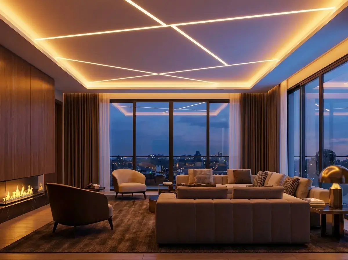 ПВХ потолок в гостиной с подсветкой