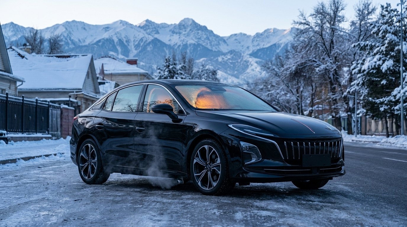 Hongqi E-QM5 зимой с работающим автономным подогревателем