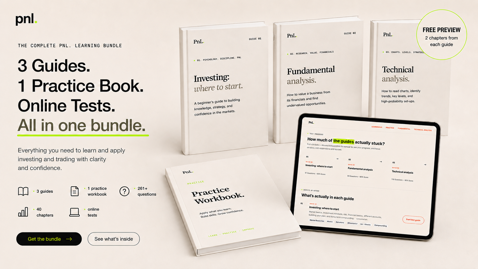 Product photography of the PnL App trading guide books, a practice workbook, and a tablet showing the guide contents