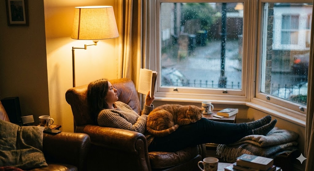 Уютный вечер дома с рыжим котом на коленях