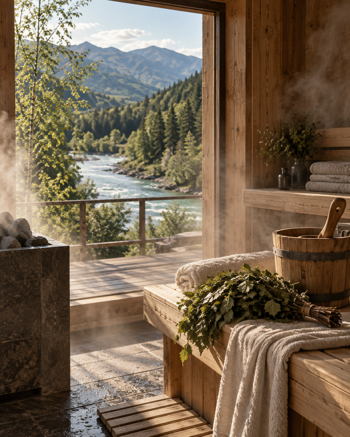 Altai outdoor wooden bath retreat with mountain view