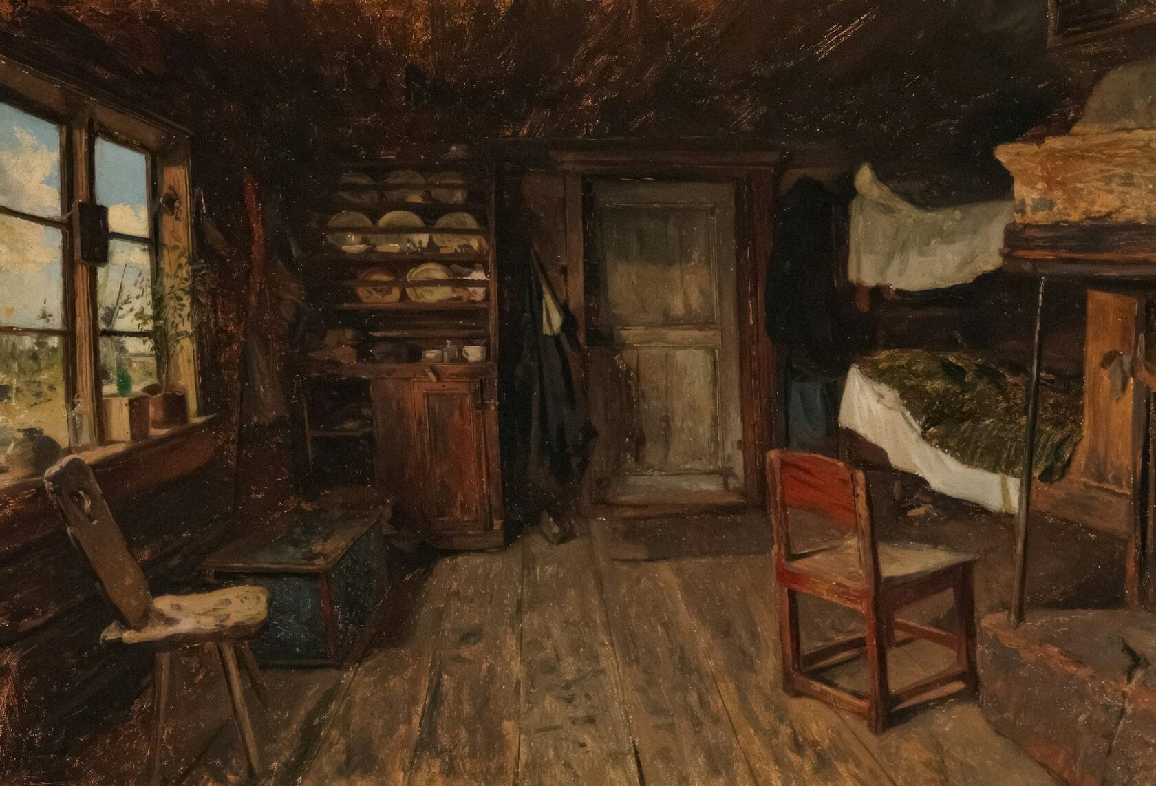 Русская изба, мама с младенцем