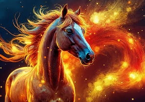 Огненная лошадь с развевающейся гривой на фоне ярких огненных вспышек