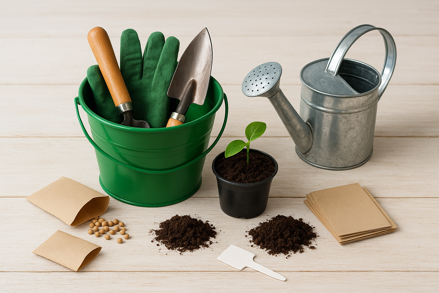 Gardening tools including trowel and gloves in green bucket, watering can, seed packets, and a young plant in pot with soil, symbolizing essential supplies for beginner vegetable gardening.