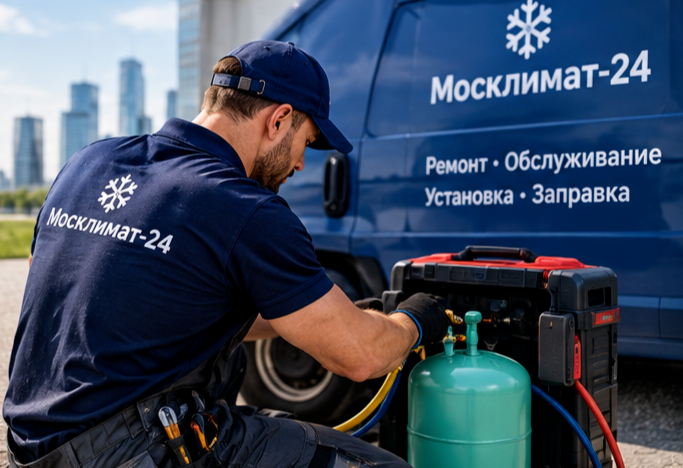 Мастер выполняет заправку кондиционера хладагентом