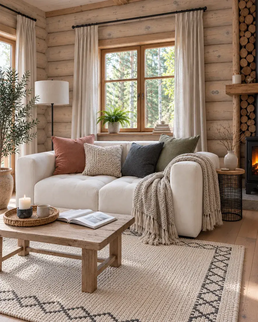 Диван CHALET, вид три четверти справа, печь с живым огнём в кадре