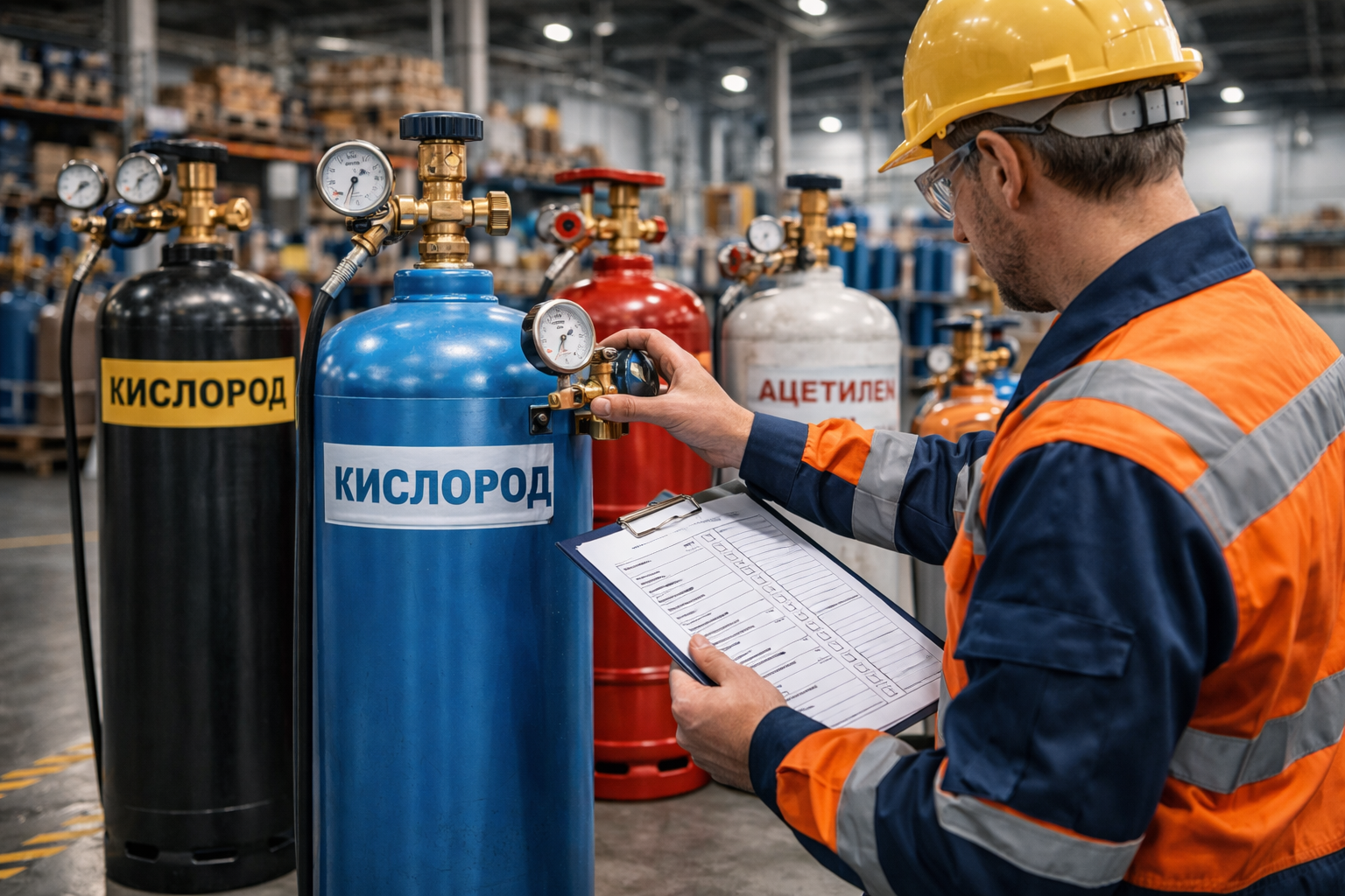 Специалист выбирает газовый баллон на складе — критерии выбора баллона для технического газа
