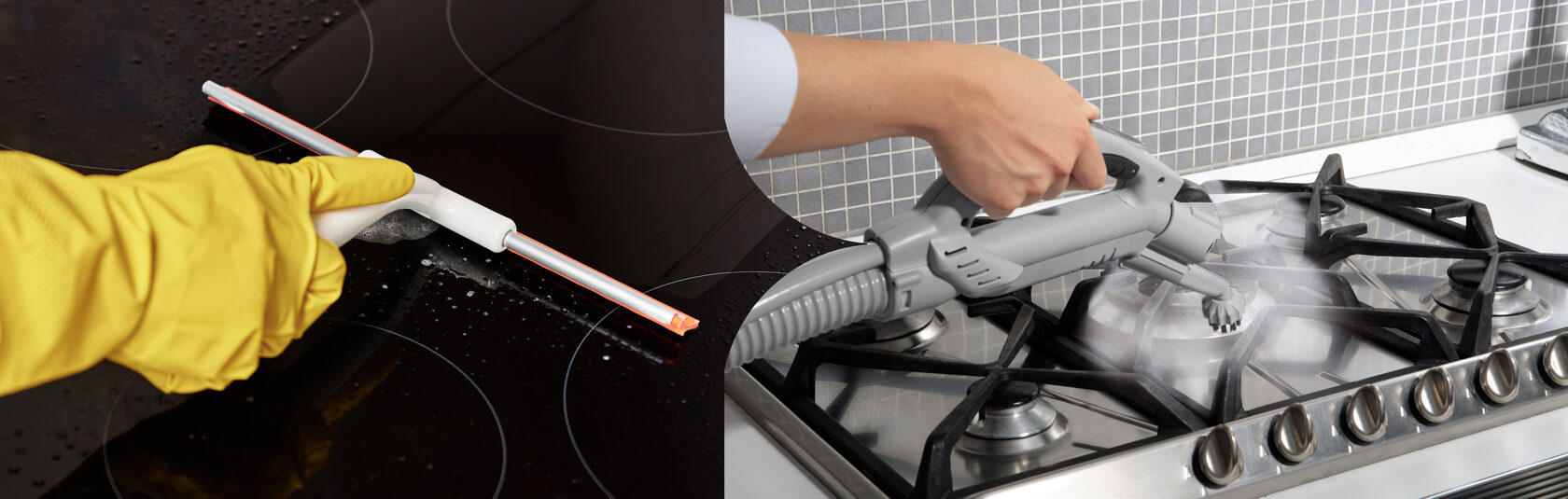 Очистка кухонной плиты и решёток пароочистителем и скребком