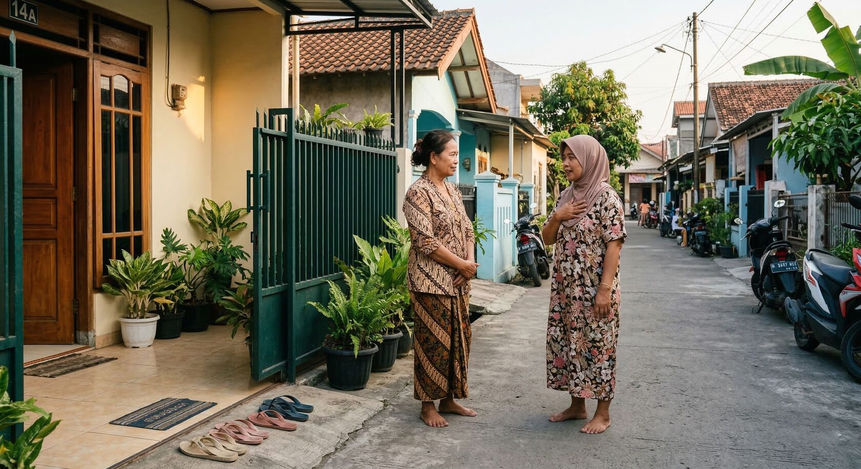 Dua ibu tetangga berbicara dengan tenang di depan rumah di lingkungan perumahan Indonesia