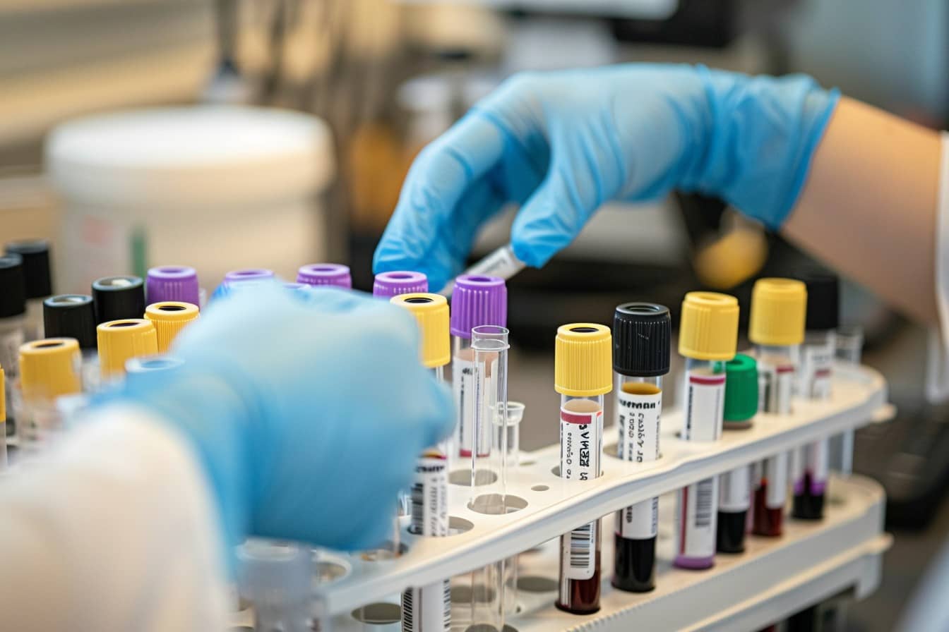 Lab technician organizing vials for a mean cell volume blood test