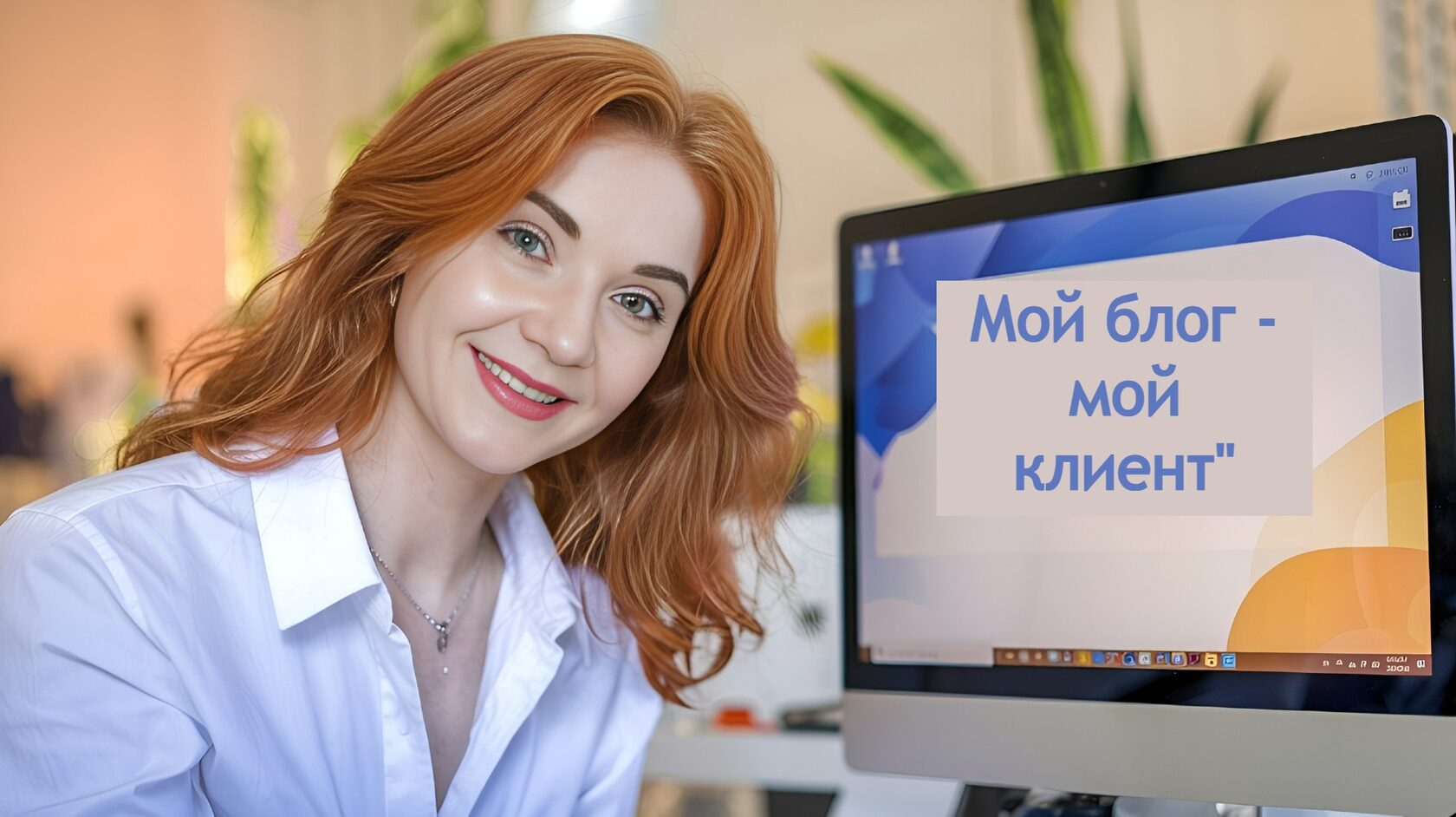 рыжеволосая девушка улыбается. рядом ноутбук на экране которого надпись мой блог - мой клиент
