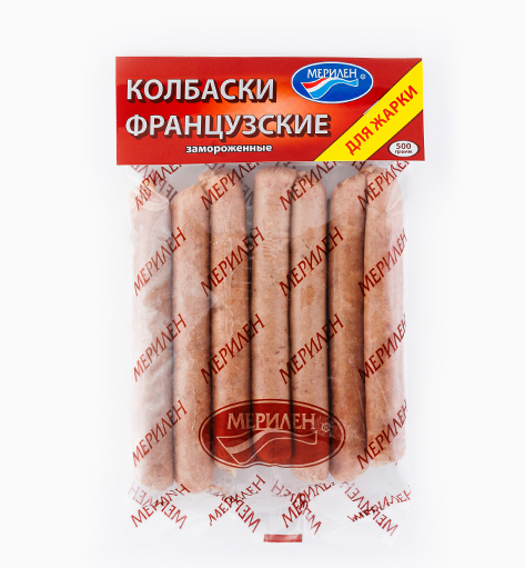 Колбаски «Французские» для жарки от производителя Мерилен — замороженные полуфабрикаты, мясные колбаски из свинины и говядины. Упаковка: 500 гр.
