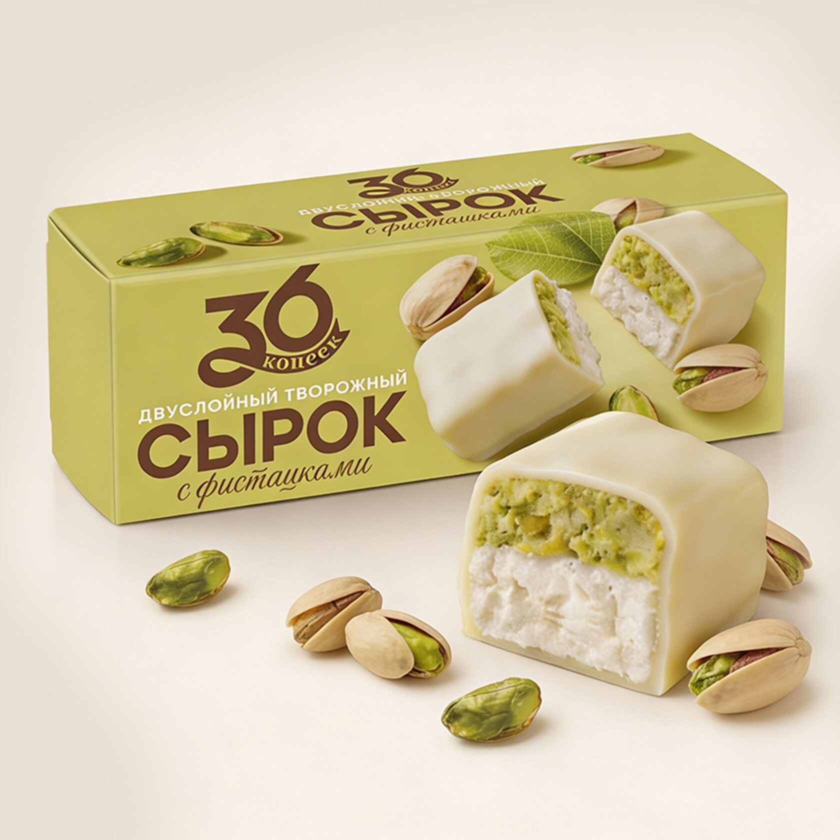 Двухслойный сырок в белом шоколаде с фисташкой