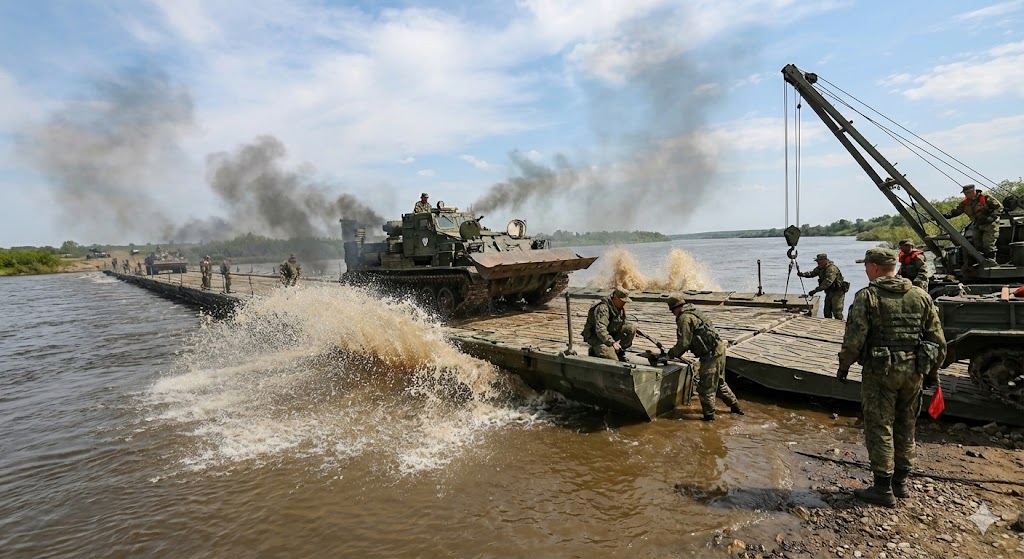 Наведение понтонной переправы инженерными войсками РФ 