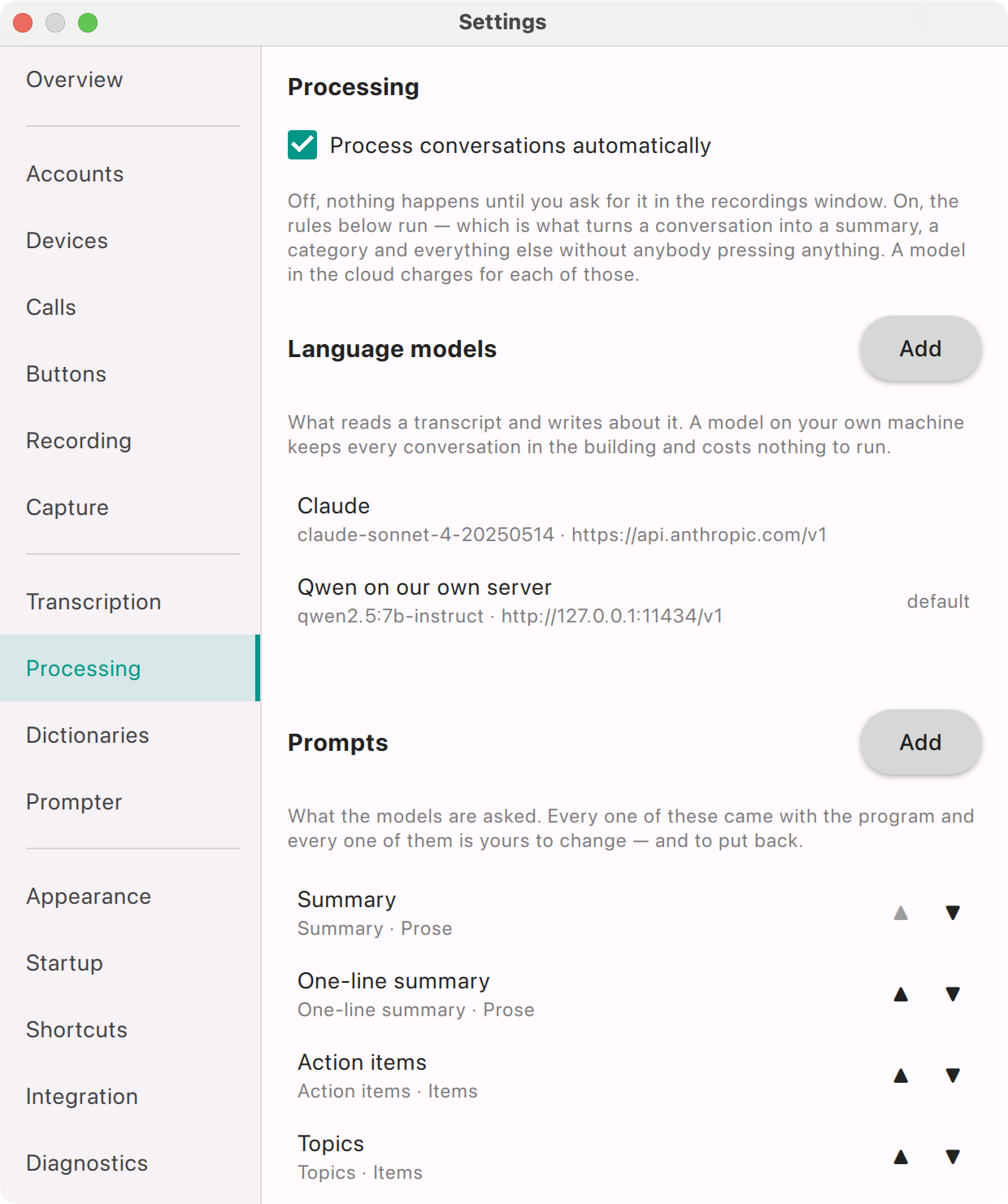 AI Softphone — Choose models, prompts, automatic processing rules and a monthly spending limit.