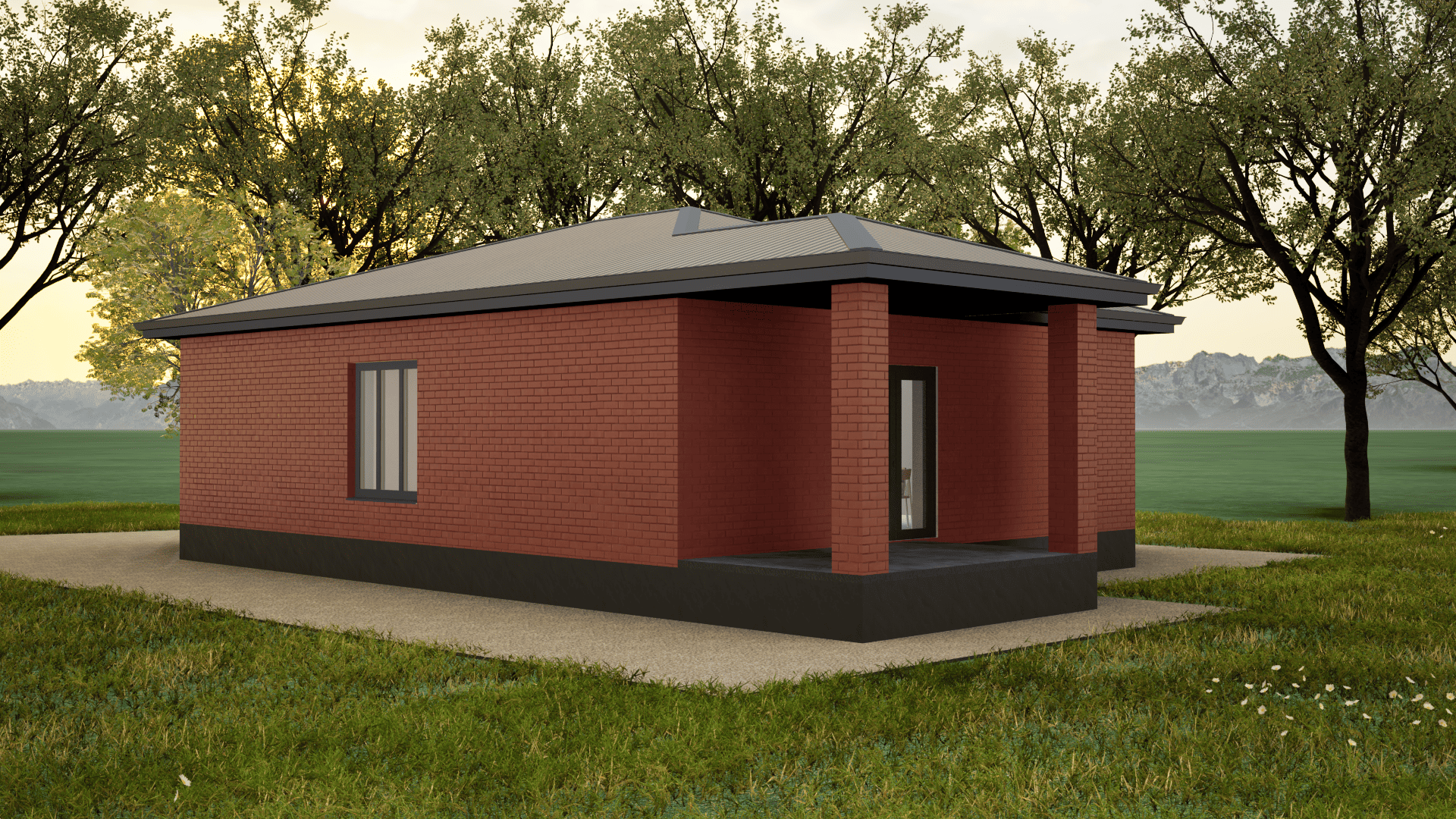 Одноэтажный дом в Ставрополе из красного кирпича с темными окнами,крытой террасой и темной крышей цвета серый графит