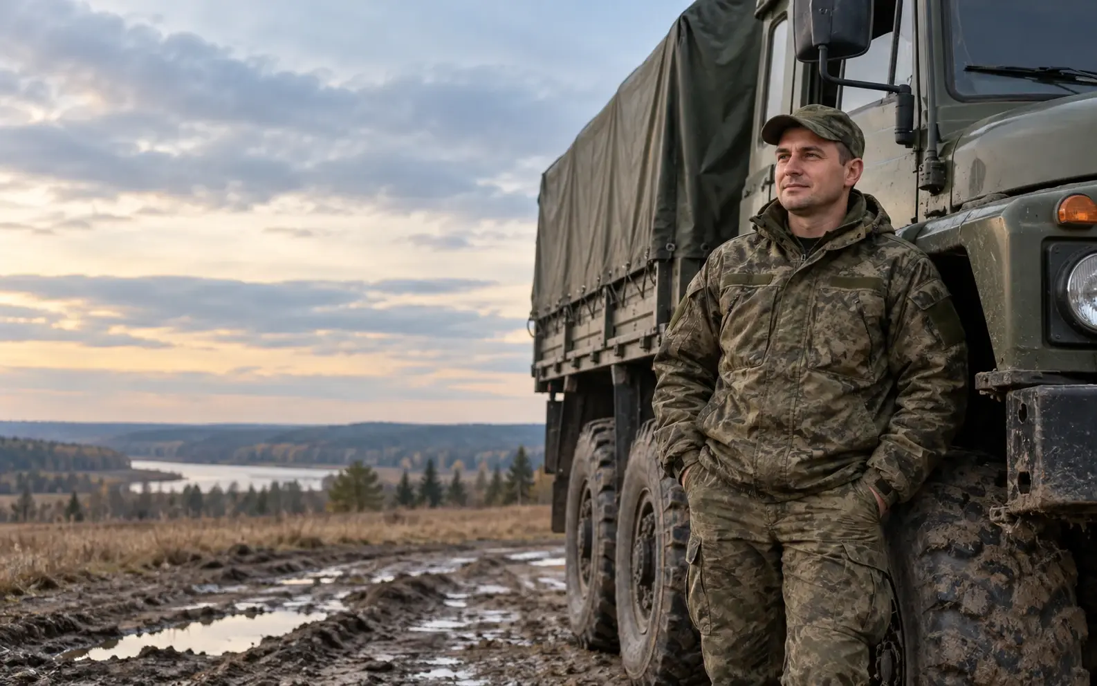 Военный водитель в полевой форме рядом с армейским грузовым автомобилем