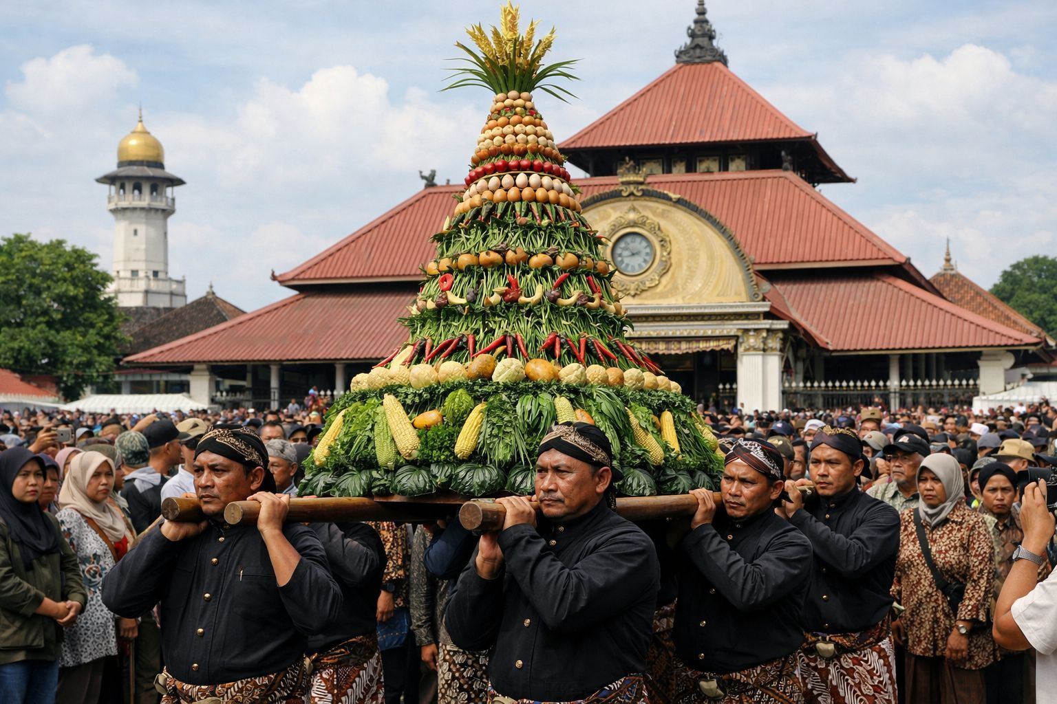 Prosesi gunungan dalam tradisi Sekaten di Yogyakarta dengan latar masjid dan keramaian masyarakat, simbol syiar, budaya, dan sedekah raja