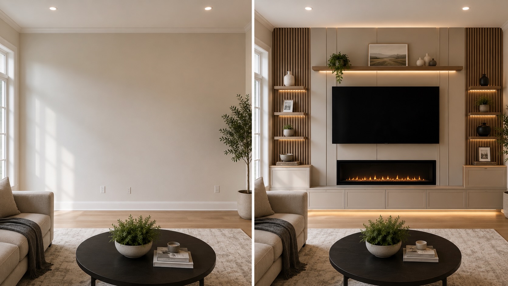 Before and after comparison showing a plain living room transformed with a custom accent wall featuring decorative panels, wood slats, integrated shelving, and architectural lighting.
