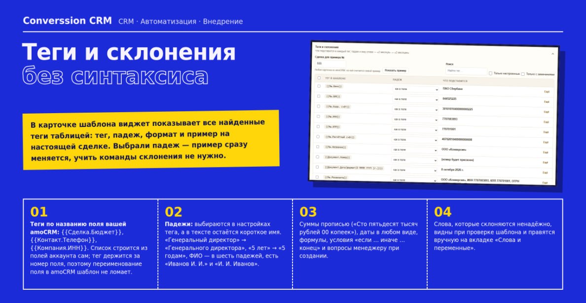 Теги и склонения без синтаксиса: теги по названию поля amoCRM, падежи выбираются в настройках, суммы прописью и даты в любом виде